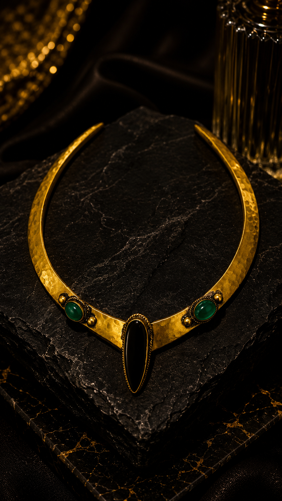 Gold-Toned Statement Choker Necklace with Green Accents